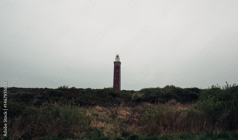 Poster a lighthouse is in the middle of a field with a cloudy sky