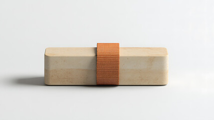 Minimalist wooden block with orange strap modern design studio showcase clean aesthetic