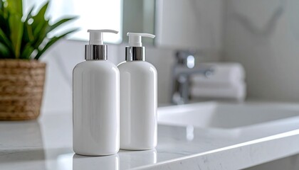 Modern Bathroom with Two Elegant White Soap Dispensers on Marble Countertop