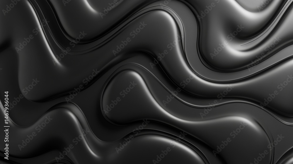 Poster abstract background of smooth wavy black liquid surface with gentle gradient and dynamic waves.