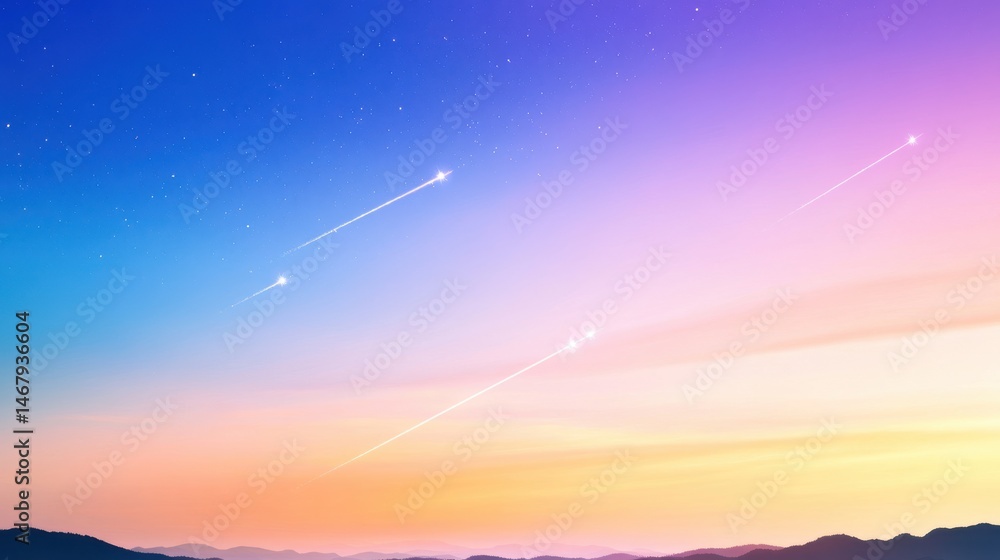 Poster abstract night sky with colorful meteor shower over gradient background, soft lines and curves, mode