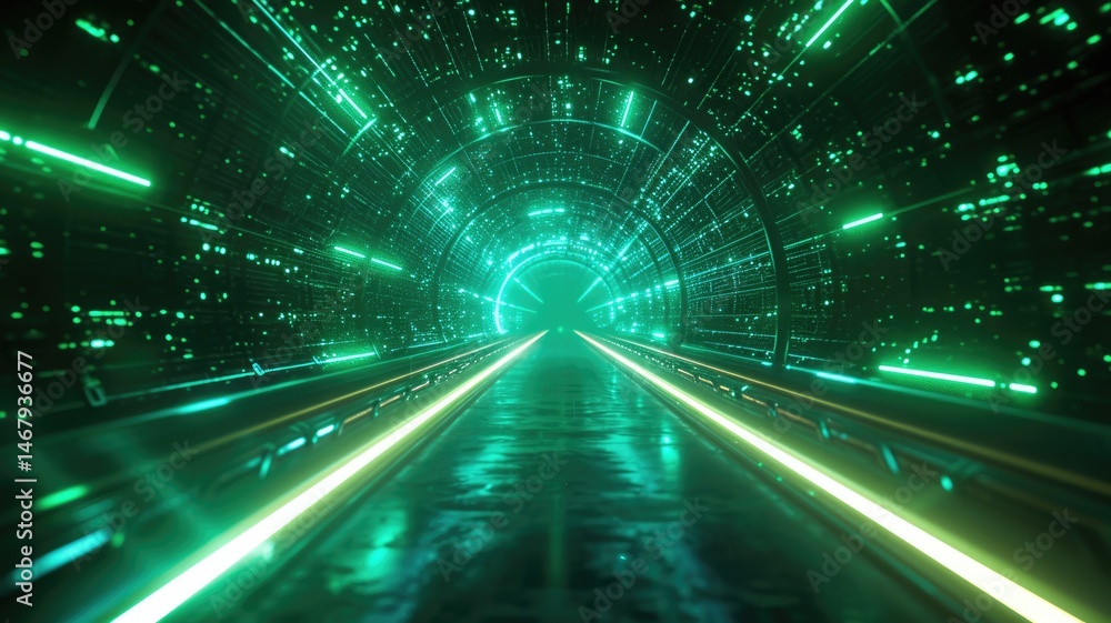 Poster abstract green line light with digital style effect in futuristic portal tunnel style scene with viv