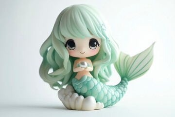Obraz premium Chibi-style mermaid with mint-green hair, holding a pearl, kawaii face, simple white background