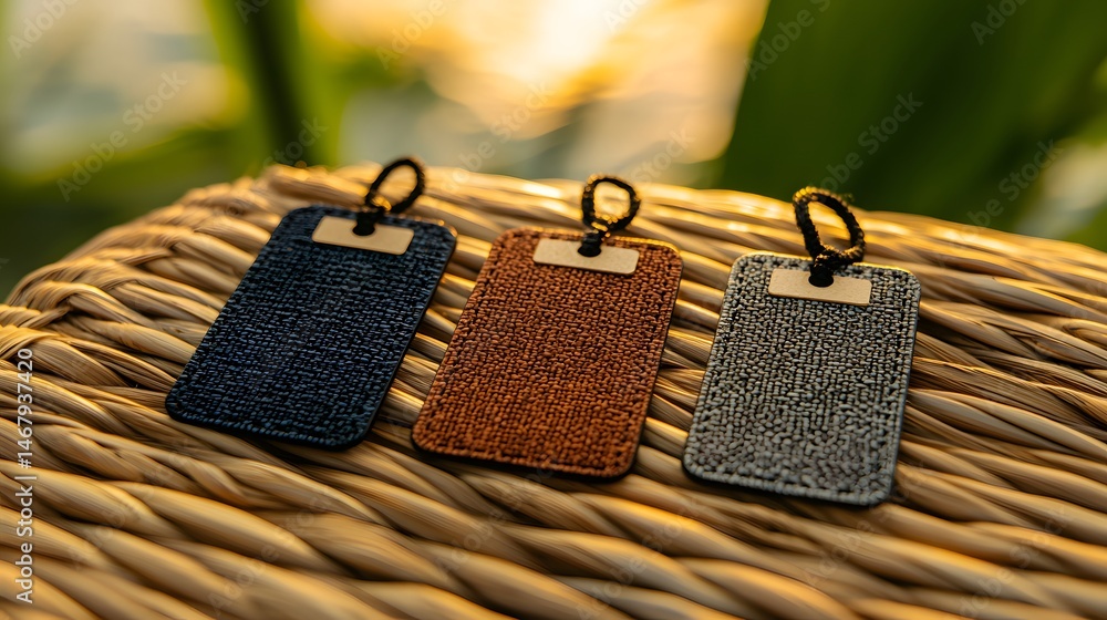 Poster three rectangular clay tags on wicker platform