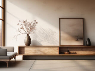 Simple japandi and wabi sabi interior in light colors with rustic coffee table, couch with pillows and oversized artwork on the wall