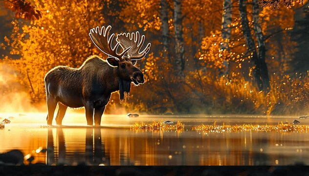 Majestic moose standing in a serene lake surrounded by vibrant autumn foliage at dawn
