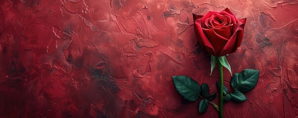 A stunning single red rose showcases its exquisite petals against a textured backdrop in rich red tones, creating a perfect visual for romantic and artistic themes.
