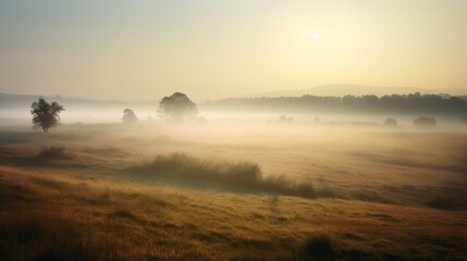 Misty sunrise over a golden field