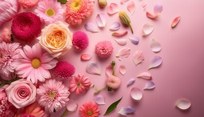 Fototapeta premium a beautiful display of various colorful flowers and pink petals arranged aesthetically on a pink pastel background evoking a sense of joy freshness and natural beauty