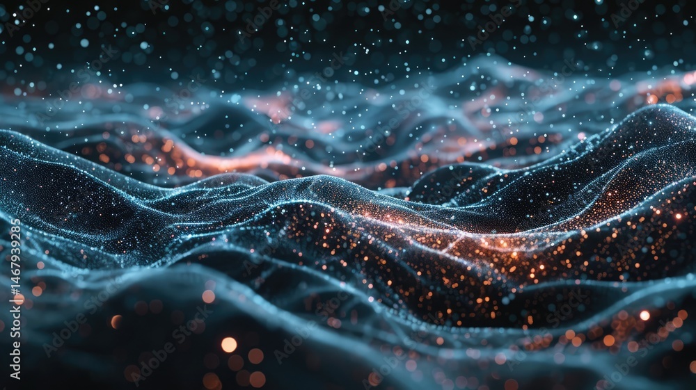 Poster abstract picture micro light sparkling particle represent data flow. vivid flowing wave with high te