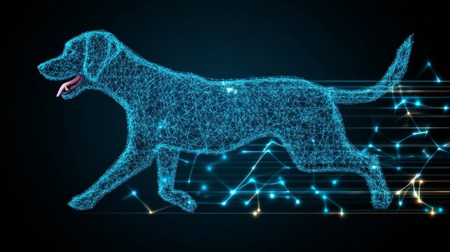 Blue Holographic Dog Running Through Digital Space, Modern Technology And Innovation Concept.