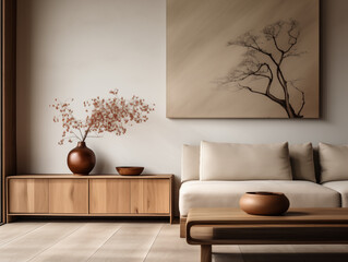 Simple japandi and wabi sabi interior in light colors with rustic coffee table, couch with pillows and oversized artwork on the wall