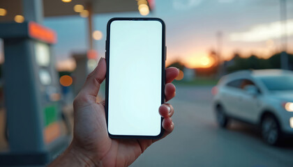 Hand holds smartphone gas station blank screen at sunset. Empty display for app, info, advertising. Mobile tech convenience. Fueling, journey, route navigation concept.