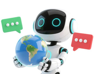 3D AI chatbot mascot with happy robot face, isolated on white background. GPT icon, artificial intelligence, funny tech assistant, support service, automaton character