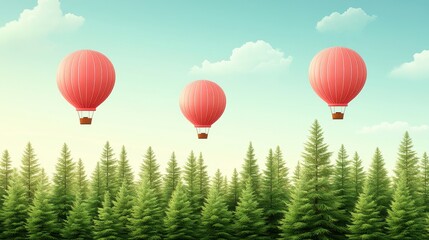 Obraz premium Whimsical hot air balloons drifting above verdant treetops serene illustration peaceful flight fantasy landscape adventure journey