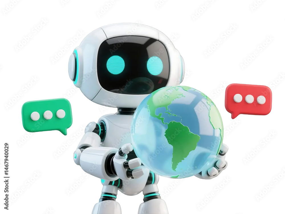 Poster happy 3d chatbot robot character – friendly ai assistant . artificial intelligence, trendy technolog