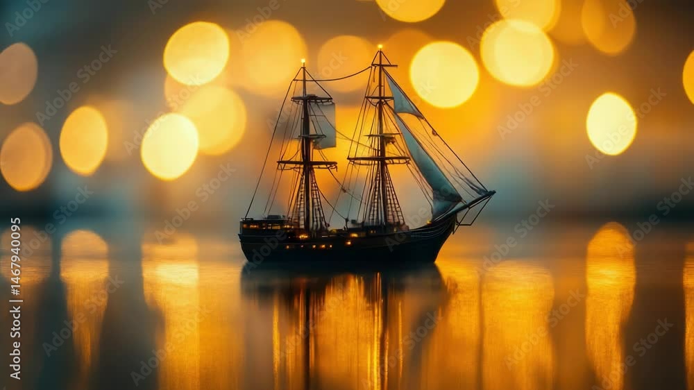 Poster A small model of a ship floating on calm waters, ideal for use in editorial and commercial contexts