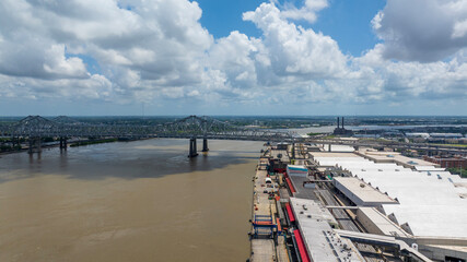 aerial shot of the the Crescent City Connection bridge over the Mississippi River in New Orleans...