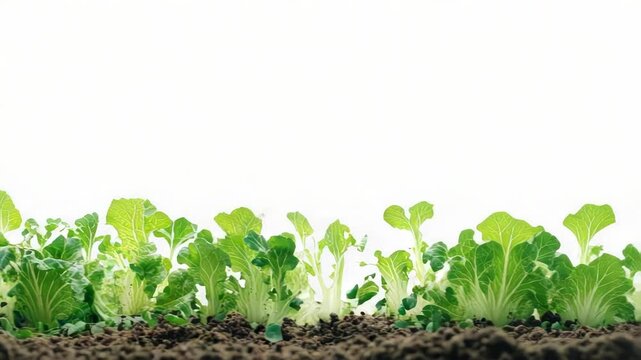 A close-up shot of a row of lettuce growing in the dirt, with soil and green leaves visible
