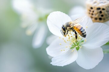 A honeybee diligently collects nectar from a delicate white flower, showcasing nature's intricate beauty.