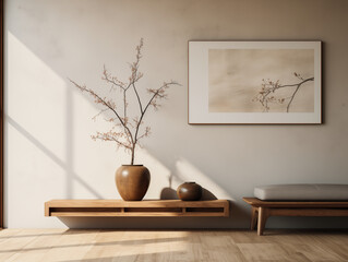 Simple japandi and wabi sabi interior in light colors with rustic coffee table, couch with pillows and oversized artwork on the wall