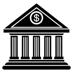 Elegant Bank Silhouette: A striking graphic illustration of a classic bank building, featuring neoclassical columns and the iconic dollar sign, represents financial institutions and economic strength.