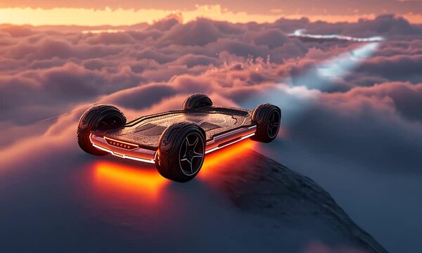 Futuristic hover car soaring through vibrant clouds at sunset, showcasing advanced design and technology
