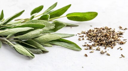 Side view of a few fresh sage sprigs with dried sage leaves scattered beside them on a white surface overlay cut out on isolated transparent removed background