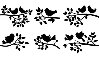 Black silhouettes set of birds perched on tree branches against a white background. Minimalist nature scene with elegant shapes and strong contrast.