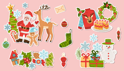 Bright Christmas sticker set of compositions with Santa Claus, snowman, gifts, tree, deer, ugly sweater with deer, holly berries, gingerbread man, snowflakes, wreath, and candies.