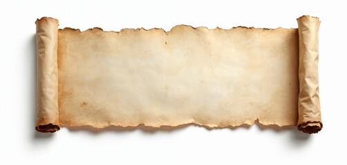 Vintage paper scroll on white. Aged parchment, torn edges, rolled sides. Antique document with blank space for text, message, design. Old map, history, fantasy, retro style concept. Perfect for