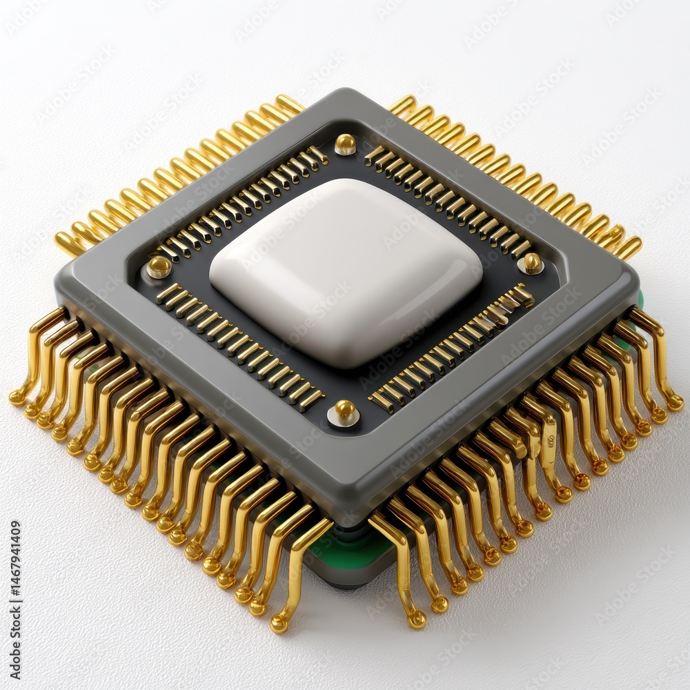 Poster high resolution close up of a microchip with golden pins technology detailed image