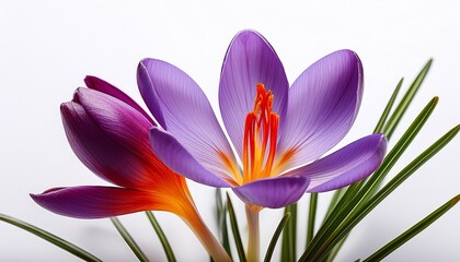 Obraz premium vibrant saffron crocus displaying delicate red stigmas yellow stamens and green leaves against pristine white background