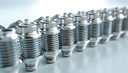 Close-up of aligned automotive spark plugs, highlighting their design and importance in engine performance