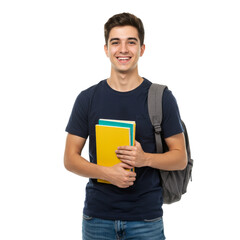 Portrait Of Young University Student Holding Books and wear Backpack isolated on transparent background, Student PNG 