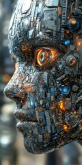 Complex metallic robotic face with intricate mechanical details and glowing eye looking forward with blurred background