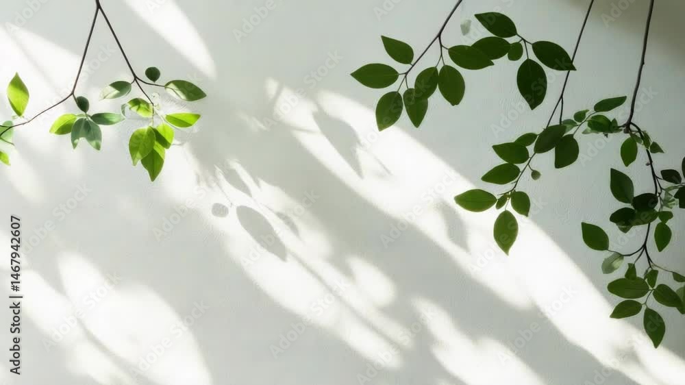 Poster a simple white wall with some green leaves growing on it, ideal for use as a background or in interi