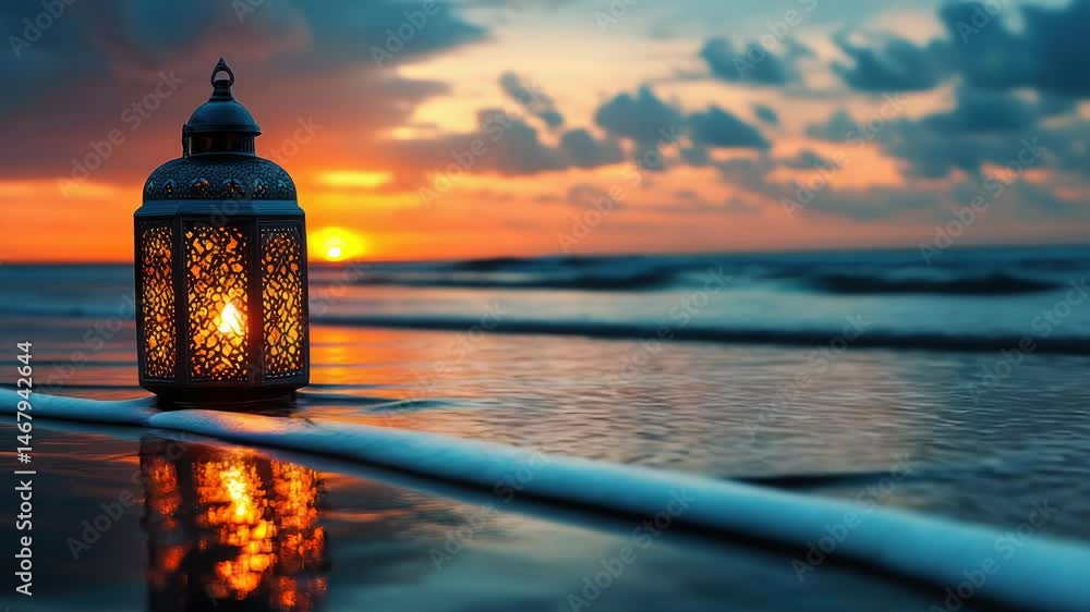 Poster a lantern sits on a beach beside the ocean, perfect for capturing a romantic evening or adding ambia