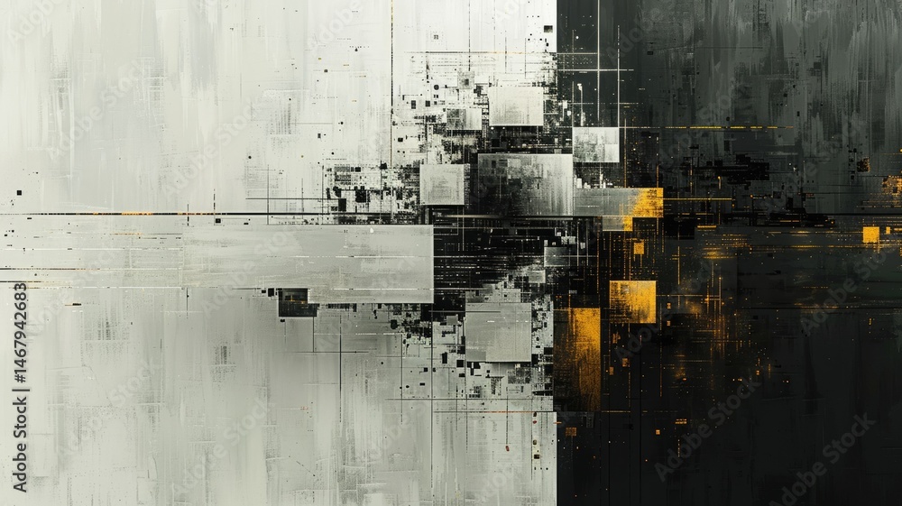 Fototapete Abstract complex glitch with pixel effect in tech background use shading and glitches texture express mysterious design or complex flow through tiny object convey sense of future digital scene. AIG53.