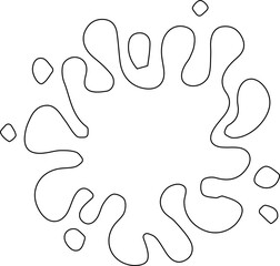 Spread of ink droplets arranged in textured hollow spray form with irregular outlines and graphic contour splatter.