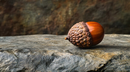 Fototapeta premium Oak Acorn's Serene Stillness: A singular acorn rests gracefully atop a rugged stone surface, its sturdy form and textured cap capturing the enduring allure of nature's artistry.