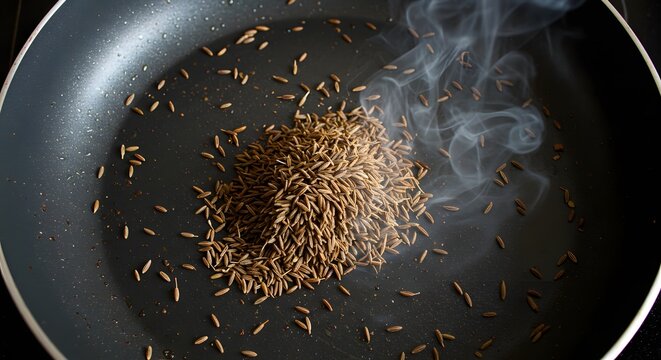 Toasting cumin seeds in a black pan releasing smoke and aroma during cooking process