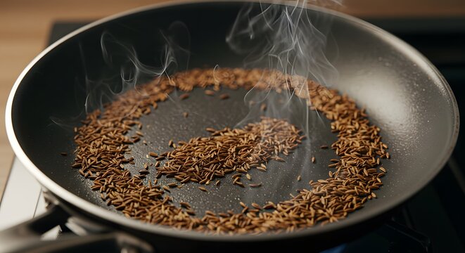 Toasting cumin seeds in a black frying pan on a stove with smoke rising up slowly