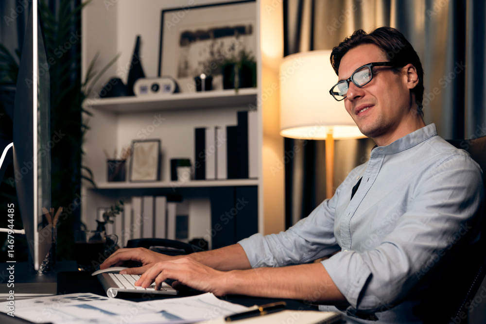 Poster smart businessman analyzing business paragraph dynamic database marketing analysis plan surrounded p