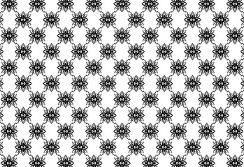 unique pattern fabric four-petal flowers and vines black with white background, fabric flower pattern,and paper pattern, seamless pattern vector. background. batik motive, or wallpaper