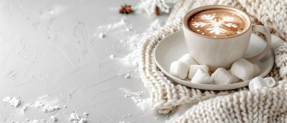 Winter flat lay with a cup of coffee, pine cones, and knitted blanket on a fur background. Top down view of cup of hot coffee decorated with winter element decoration. Warm and comforting. AIG55.