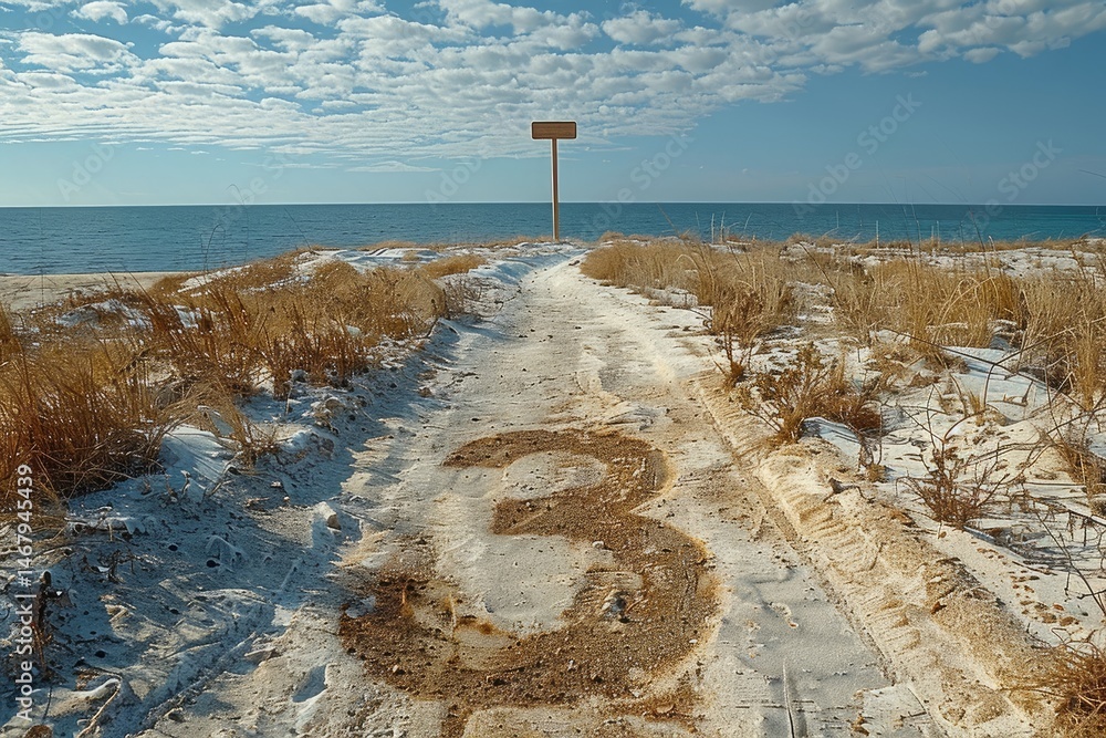 Poster a weathered beach path with the numeral three visible