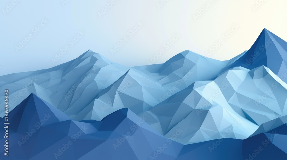Poster the abstract picture of the blue mountain that painted with geometry and layers of the hills, abstra
