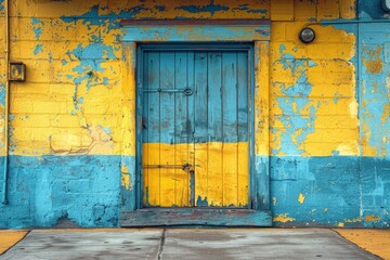 A weathered blue door set in a yellow and blue brick building
