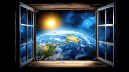 Fototapeta premium Open wooden window with earth view from space, starry sky, sun, landmasses, and oceans in the background